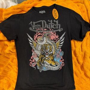 Von Dutch Black Tee with Tiger and Snake Graphic